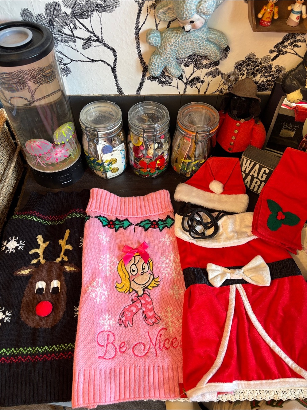EUC Collection of festive holiday pet apparel and decorations, including a knit